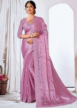 Pink Embroidered Saree In Organza