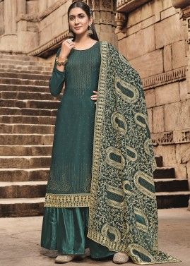 Green Embellished Georgette Palazzo Suit & Dupatta