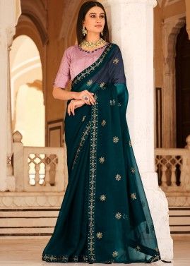 Teal Blue Embroidered Saree In Chiffon