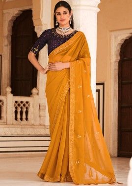 Yellow Sequins Embroiderded Saree In Chiffon