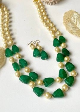 Green Pearls & Stones Layered Necklace Set