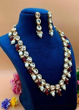 Maroon Pearls & Kundan Studded Necklace Set