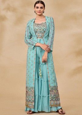 Blue Readymade Embroidered Top And Palazzo Set