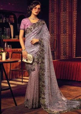 Purple Sequins Embellished Net Saree