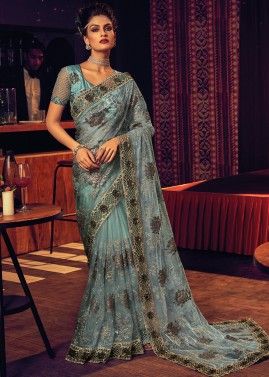 Blue Embroidered Saree & Blouse In Net