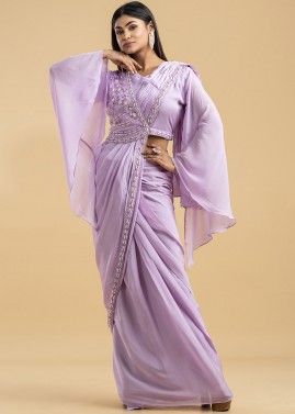 Purple Readymade Draped Saree In Chiffon