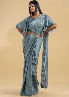 Blue Printed Drapped Saree In Satin