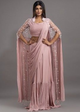 Mauve Pink Jacket Style Saree In Georgette
