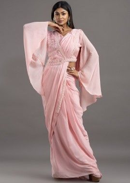 Pink Embroidered Chiffon Drapped Saree