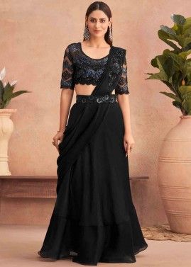 Black Embroidered Lehenga Style Saree In Art Silk