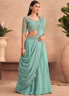 Blue Embroidered Saree In LEhenga Style