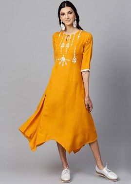 Yellow Readymade Asymmetric Rayon Dress