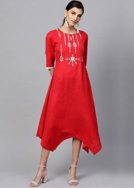Readymade Rayon Asymmetric Dress In Red