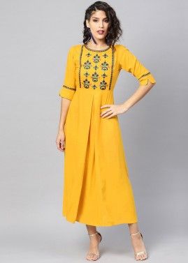 Yellow Flared Embroidered Readymade Dress