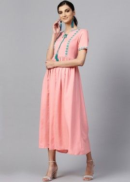 Peach Rayon Readymade Embroidered Dress