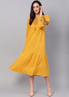 Yellow Tiered Readymade Rayon Dress