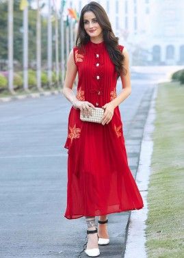 Readymade Pin Tucks Georgette Red Dress