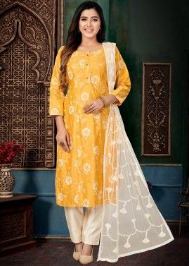 Yellow Readymade Art Silk Pant Suit In Print 