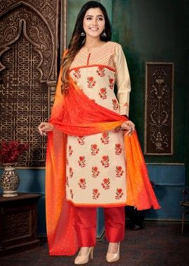 Orange Readymade Embroidered Pant Suit