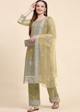 Green Embroidered Net Pant Suit
