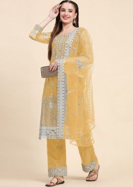 Yellow Net Pant Suit In Dori Embroidery