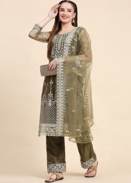 Green Embroidered Net Pant Suit Set