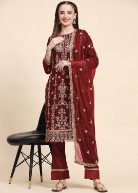 Maroon Embroidered Georgette Pant Suit Set