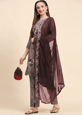 Brown Embroidered Georgette Pant Suit Set