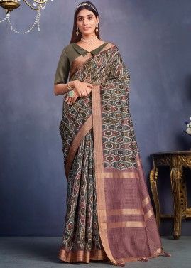Brown Geometric Printed Saree In Tussar Silk