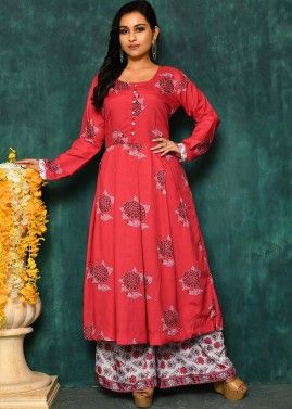 Red Floral Readymade Kurta Set In Cotton Silk