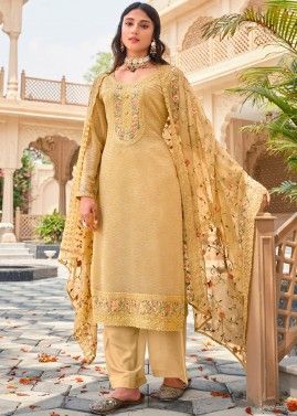 Beige Embroidered Pant Suit In Georgette