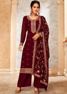 Maroon Embroidered Suit Set In Georgette
