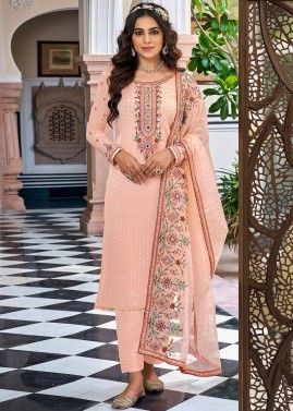 Peach Embroidered Georgette Pant Suit Set