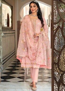 Pink Embroidered Pant Style Suit In Georgette