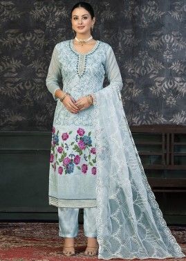 Blue Embroidered Suit Set In Art Silk