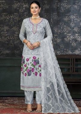Grey Embroidered Pant Suit Set