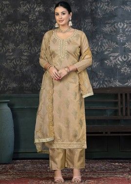 Beige Embroidered Pant Suit Set
