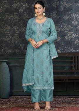 Blue Embroidered Suit Set In Art Silk