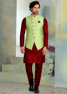 Green Woven Jacquard Asymmetric Nehru Jacket