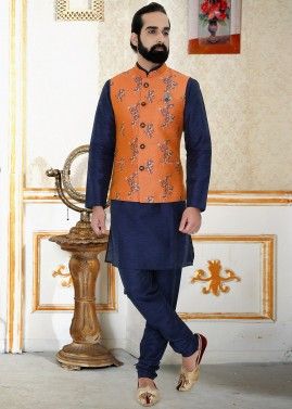 Orange Readymade Woven Jacquard Nehru Jacket