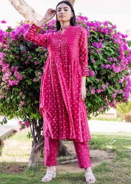 Pink Printed Readymade Kurta Set In Chanderi
