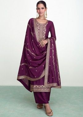 Purple Embroidered Palazzo Suit In Silk