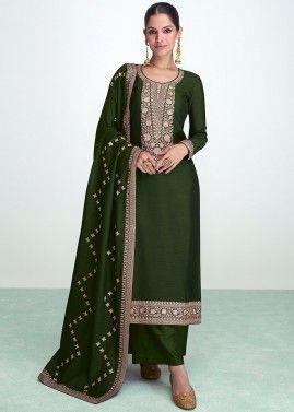 Green Thread Embroidered Palazzo Suit Set