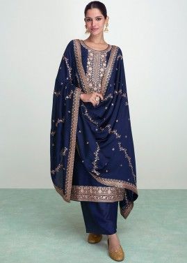 Blue Embroidered Silk Palazzo Suit Set