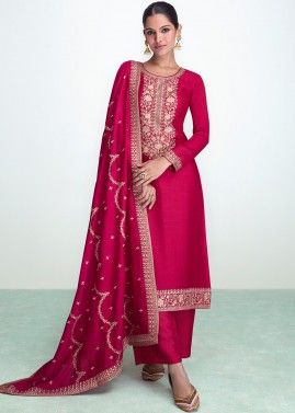 Pink Silk Palazzo Suit In Thread Embroidery