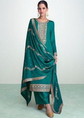 Blue Silk Embroidered Palazzo Style Suit