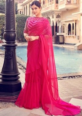 Pink Ruffled Saree & Embriodered Blouse