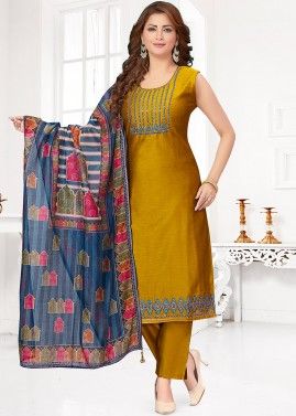 Yellow Readymade Embroidered Art Silk Pant Suit