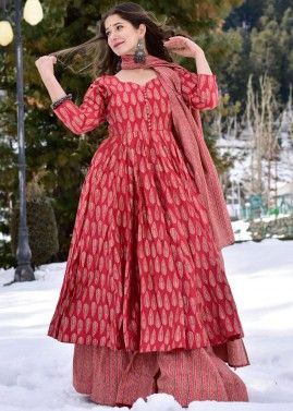 Readymade Red Digital Printed Cotton Sharara Suit