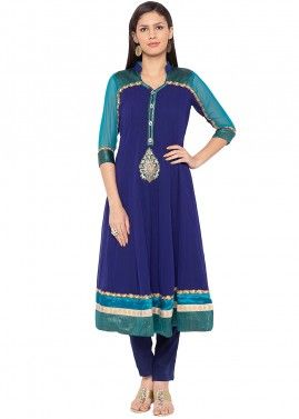 Readymade Flared Embroidered Kurta In Blue